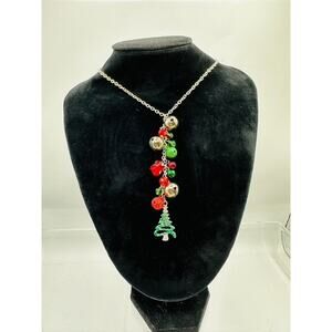 Christmas Tree Necklace Jingle Bells Red Green Beads Holiday Jewelry Gift Festiv